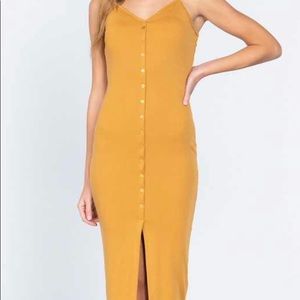 Mustard Yellow Ribbed Cami Faux Button Down Dress